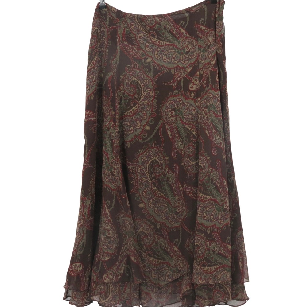Lauren Ralph Lauren Brown Silk Paisley Tiered Ruffle Midi Skirt Y2K Boho Classic